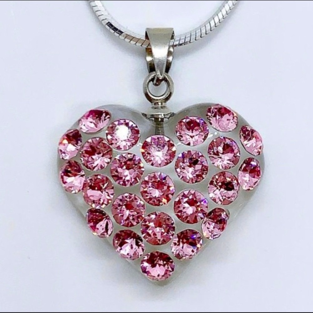 Pink Acrylic Crystal Heart Necklace & Chain With Genuine“Crystal Stone Elements”